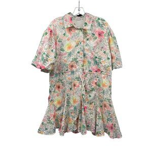 LOVELO Floral A-Line Dress Eyelet Lace Short Puff Sleeve Belted Size Large